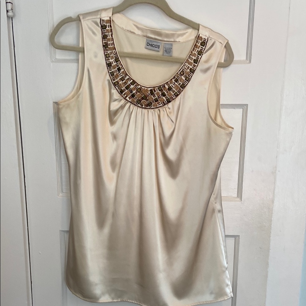 Chico’s Cream Sleeveless Top with Embellished Neckline Size 2